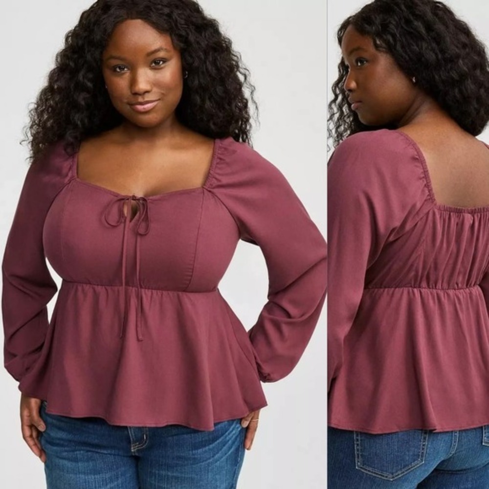 Torrid Burgundy Peplum Square Neck Tie Front Long Sleeve Blouse Top Plus Size 1X